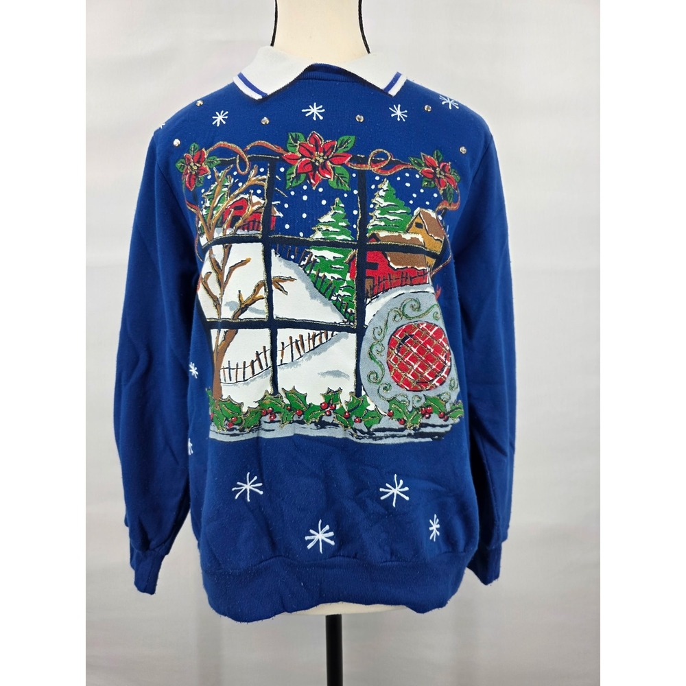 Vintage Haband Christmas Sweatshirt Blue Winter Scene Poinsettia Women Small USA